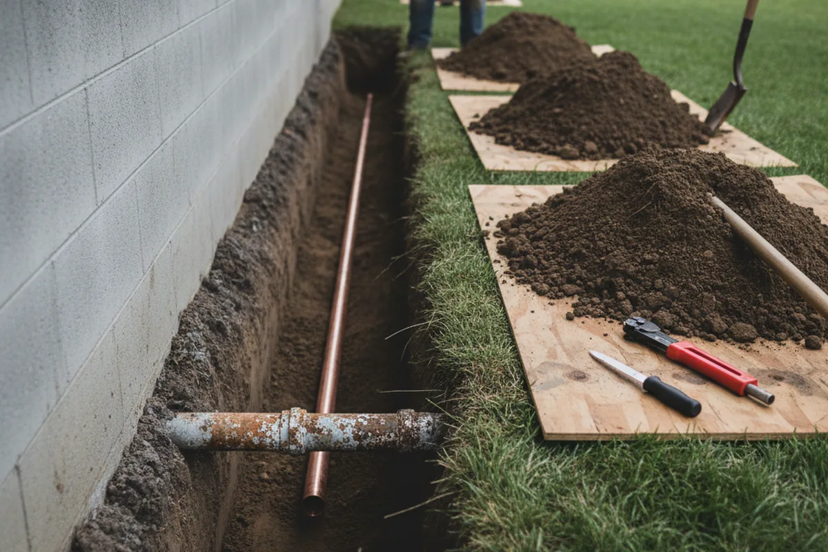 Excavated water line trench during Water Heater Repair in Humble